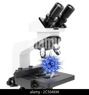 Objectif lentille de microscope et de la cellule ou des bactéries Blue virus sur fond blanc. Rendu 3d. Banque D'Images