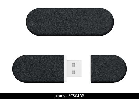 Clés USB à mémoire flash en cuir noir sur fond blanc. Rendu 3d. Banque D'Images