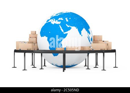 Concept global de logistique et d'expédition. Globe terrestre entouré de boîtes en carton avec marchandises sur convoyeur à rouleaux sur fond blanc. 3d Rende Banque D'Images