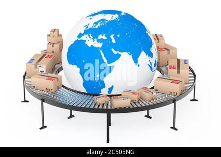 Concept global de logistique et d'expédition. Globe terrestre entouré de boîtes en carton avec marchandises sur convoyeur à rouleaux sur fond blanc. 3d Rende Banque D'Images