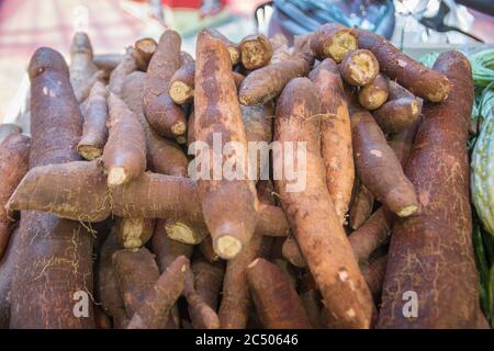Une pile de racines de manioc (Manihot esculenta), une source majeure de glucides, présentée pour la vente sur un stand. Banque D'Images