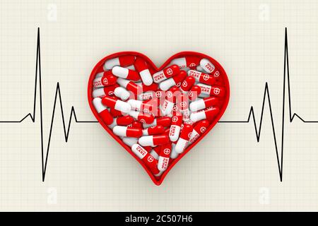 Cœur rouge boîte avec pilules sur un cardiogramme arrière-plan très gros plan. Rendu 3d. Banque D'Images