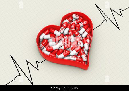 Cœur rouge boîte avec pilules sur un cardiogramme arrière-plan très gros plan. Rendu 3d. Banque D'Images