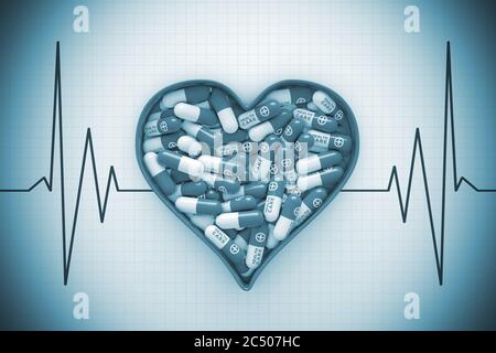 Cœur rouge boîte avec pilules sur un cardiogramme arrière-plan très gros plan. Rendu 3d. Banque D'Images