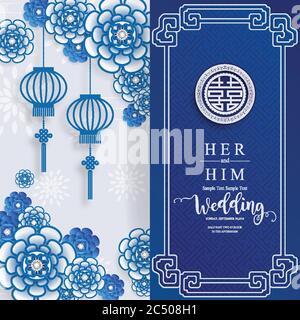 modèles de cartes d'invitation de mariage orientales chinoises avec magnifique motif sur papier couleur arrière-plan. Illustration de Vecteur