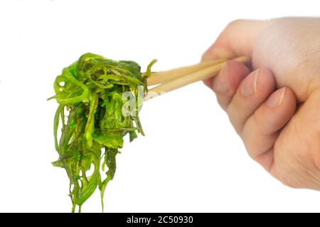 Salade wakame dans une assiette blanche sur fond noir avec baguettes Banque D'Images