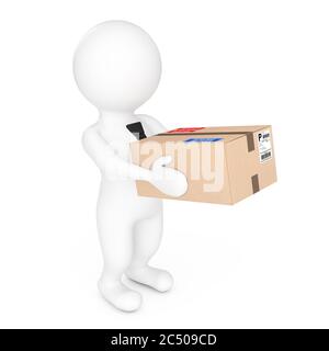 3d les petites personnes livrant une boîte en carton sur un fond blanc. Rendu 3d. Banque D'Images