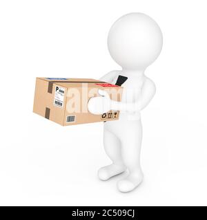 3d les petites personnes livrant une boîte en carton sur un fond blanc. Rendu 3d. Banque D'Images