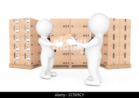 3d les petites personnes livrant une boîte en carton à une autre personne sur fond blanc. Rendu 3d. Banque D'Images