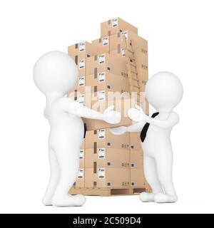 3d les petites personnes livrant une boîte en carton à une autre personne sur fond blanc. Rendu 3d. Banque D'Images