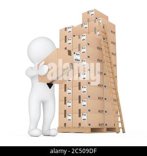 3d les petites personnes livrant une boîte en carton dans l'entrepôt sur un fond blanc. Rendu 3d. Banque D'Images