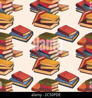 Aquarelle de la pile de livres vintage illustration motif sans couture Banque D'Images