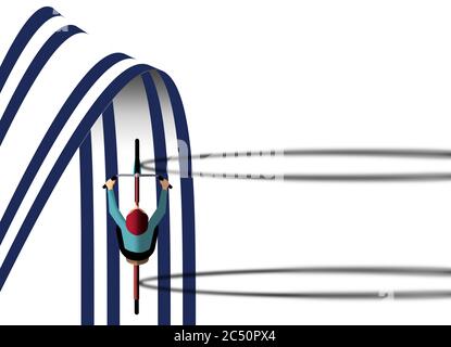 Un cycliste vu depuis le haut entre dans une boucle dans une voie de vélo alors que la lumière du soleil projette de longues ombres sur ses roues. Isolé sur blanc avec et zone pour le texte. Banque D'Images