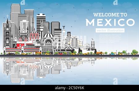 Bienvenue à Mexico Skyline avec bâtiments gris, ciel bleu et réflexions. Illustration vectorielle. Architecture historique. Mexico CityScape. Illustration de Vecteur