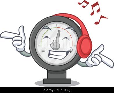 Design en caricature, manomètre pour écouter de la musique sur un casque Illustration de Vecteur