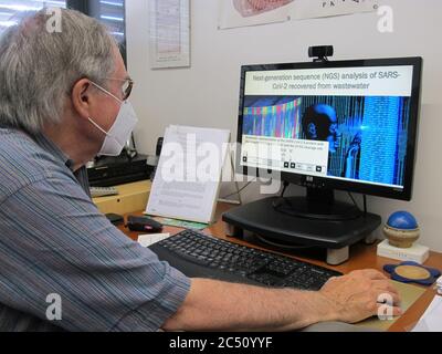 (200630) -- BARCELONE, 30 juin 2020 (Xinhua) -- le professeur Albert Bosch de la Faculté de biologie de l'Université de Barcelone travaille à son bureau à Barcelone, Espagne, 29 juin 2020. Le professeur Albert Bosch de la Faculté de biologie de l'Université de Barcelone, l'une des universités les plus prestigieuses d'Espagne, a confirmé lundi à Xinhua qu'une étude qu'il avait coordonnée a détecté la présence du nouveau coronavirus dans les échantillons d'eaux usées prélevés à Barcelone le 12 mars 2019. POUR ALLER AVEC 'Interview: Le chercheur confirme la détection du coronavirus dans les eaux usées de Barcelone le 12 mars 2019 Banque D'Images