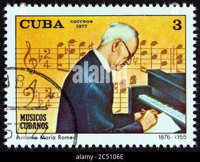 CUBA - VERS 1977: Un timbre imprimé à Cuba de l'édition "musiciens cubains" montre Antonio Maria Romeu, vers 1977. Banque D'Images