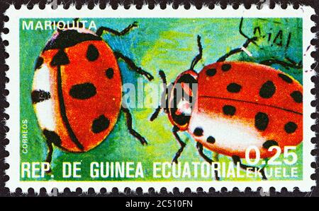 GUINÉE ÉQUATORIALE - VERS 1978 : un timbre imprimé en Guinée équatoriale à partir du numéro des insectes montre Coccinellidae, vers 1978. Banque D'Images