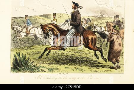 Homme anglais avec des whiskers dans le cap tam o’shanter à cheval sur son chemin vers un pique-nique dans le pays. Une calèche avec des dames derrière lui, et un paysan en saumoné au premier plan. M. John Bunting en route pour le pic-nic. Gravure en acier à la main, d’après une illustration de John Leech de Robert Smith Surtees’s Plain or ringlets?, Bradbury et Evans London, 1860. Leech (1817-1864) était un caricaturiste et illustrateur anglais le plus connu pour son travail pour le magazine Punch. Banque D'Images