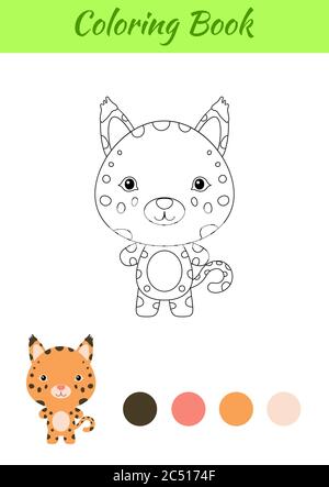 Page de coloriage bébé lynx heureux petit. Livre de coloriage pour enfants. Activité éducative pour les enfants d'âge préscolaire et les tout-petits avec un animal mignon. Illustration de Vecteur