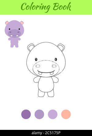 Page de coloriage Happy Little bébé hippopotame. Livre de coloriage pour enfants. Activité éducative pour les enfants d'âge préscolaire et les tout-petits avec un animal mignon. Illustration de Vecteur