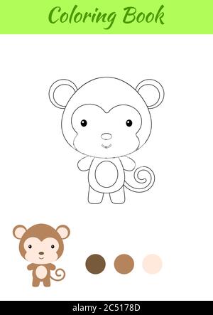 Page de coloriage petit singe heureux de bébé. Livre de coloriage pour enfants. Activité éducative pour les enfants d'âge préscolaire et les tout-petits avec un animal mignon. Illustration de Vecteur