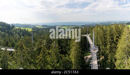 Scheidegg, Bavière / Allemagne - 26 juin 2020 : vue sur le sentier et le sentier de la partie supérieure des arbres dans les collines du sud de la Bavière à Scheidegg Banque D'Images
