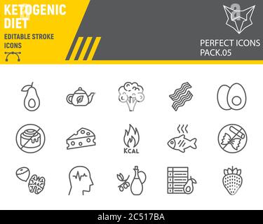 Jeu d'icônes de la ligne de régime de Keto, collection de symboles cétogènes, croquis vectoriels, illustrations de logos, icônes de régime cétogène, pictogrammes linéaires des signes alimentaires Illustration de Vecteur