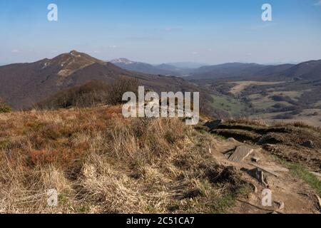 Vue de Połonina Wetlinska à l'abri 'Chatka Puchatka' (Puchatka Hut) à l'est. Montagnes de Bieszczady. Pologne Banque D'Images