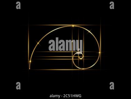 Rapport d'or. Nombre de Fibonacci, section dorée, proportion divine et spirale d'or brillant, vecteur isolé sur fond noir Illustration de Vecteur