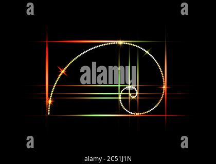 Rapport d'or. Nombre de Fibonacci, section colorée, proportion divine et spirale brillante en signe de néon, vecteur isolé sur fond noir Illustration de Vecteur