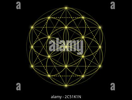 Symbole de la graine de vie géométrie sacrée. Mandala mystique jaune d'alchimie ésotérique, Fleur de vie. Effet de couleur lumineux au néon vectoriel isolé sur le noir Illustration de Vecteur