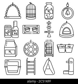 Grand ensemble d'accessoires pour perroquet, canari ou autre oiseau en cage. Collection de fournitures pour animaux de compagnie en ligne fine. Illustration de Vecteur
