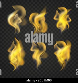 Collection de flammes de feu transparentes et réalistes isolées sur fond sombre. Kit effets de lumière pour le design. Illustration de Vecteur