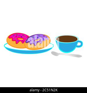 Deux beignets doux couverts de glace et une tasse de thé avec fond blanc isolé. Illustration de Vecteur