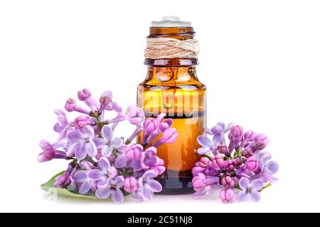 Huile essentielle à base de fleur de lilas sur fond blanc. Cosmétiques naturels pour la beauté et la santé. Banque D'Images