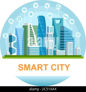 Illustration vectorielle pour Smart City avec bâtiments urbains et différentes icônes infographiques Illustration de Vecteur