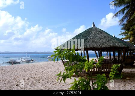 Saison d'été aux Philippines sur une belle île de sable blanc avec des bateaux, cococotier et nipa huts. Île Siargao Philippines Banque D'Images
