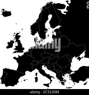 Carte de l'Europe avec les pays souverains, les ministes et le Kosovo incluse. Carte vectorielle simplifiée en noir isolée sur fond blanc. Illustration de Vecteur