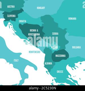 Carte politique des Balkans - Etats de la péninsule des Balkans. Illustration vectorielle bleu turquoise à quatre nuances, Illustration de Vecteur