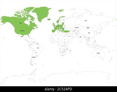 Organisation du Traité de l'Atlantique Nord, OTAN, pays membres mis en évidence par le vert sur la carte politique mondiale. 29 Etats membres depuis juin 2017. Illustration de Vecteur