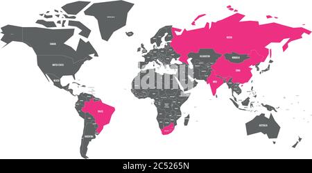 Carte du monde avec les pays membres des BRICS - association de cinq grandes économies nationales émergentes - Brésil, Russie, Inde, Chine et Afrique du Sud. Illustration de Vecteur