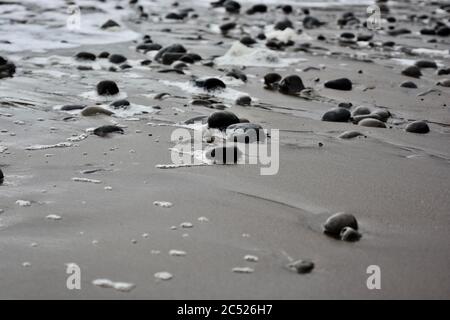 Fonds naturels et textures de galets, pierres et rochers sur la plage du sud du pays de Galles. Gros plan des motifs de tailles différentes. Banque D'Images