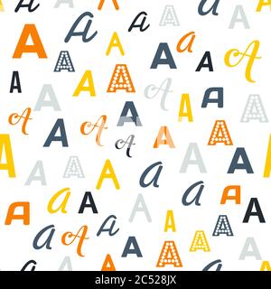 Motif vectoriel sans couture - différentes lettres A. motif scolaire coloré pour les enfants. Fond multicolore pour les enfants. Illustration de Vecteur