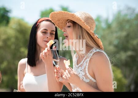 Fromage et miel. Fête saisonnière à la station balnéaire. Femmes, amis au pique-nique, vacances célébrant, se reposer, s'amuser dans la journée ensoleillée d'été. Fêtes, bien-être, vacances, fête. Prendre un en-cas. Banque D'Images