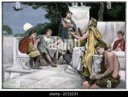 Les Grecs anciens écoutent le poète Pindar et sa lyre. Demi-teinte de couleur main d'une illustration Banque D'Images