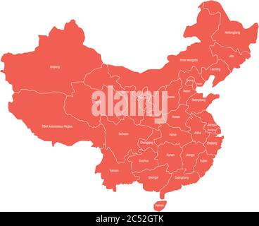 Carte régionale des provinces administratives de Chine. Carte rouge avec étiquettes blanches sur fond blanc. Illustration vectorielle. Illustration de Vecteur