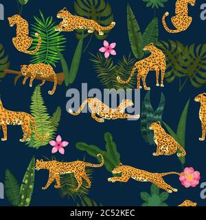 Les léopards dans différentes poses avec des plantes tropicales laisse des fleurs sans couture modèle. Style tendance Vector isolé Illustration de Vecteur