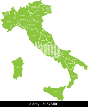 Carte de l'Italie divisée en 20 régions administratives. Vert terre, bordures blanches et étiquettes blanches. Illustration simple à vecteur plat. Illustration de Vecteur