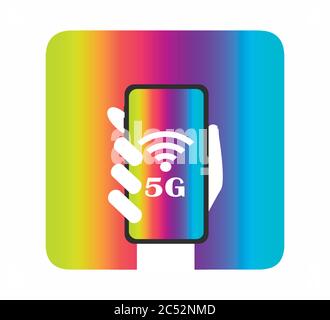 Icône vecteur 5G. Informations sur la connexion réseau Internet sans fil de 5e génération. Main avec Internet haut débit de smartphone Illustration de Vecteur